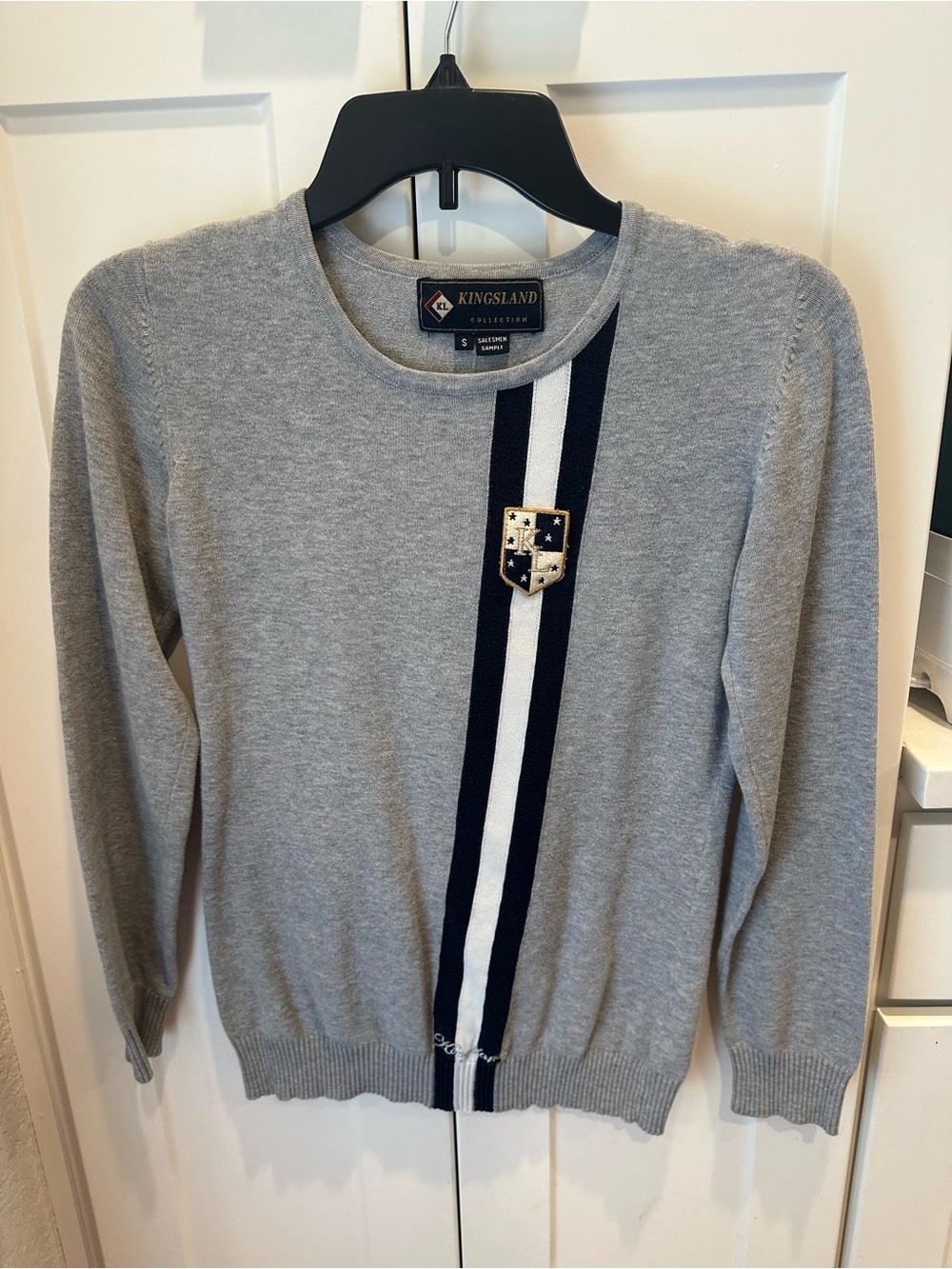 Kingsland Grey Crewneck Sweater with Navy & White Stripe